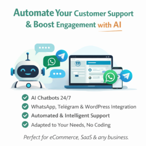We build professional AI chatbots integrated with your website, WhatsApp, and Telegram, providing 24/7 support for your customers.